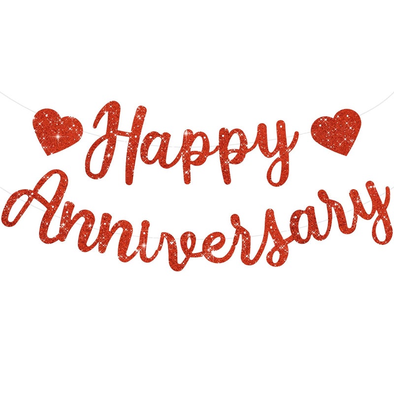 BEISHIDA Red Happy Anniversary Banner, Pre-Strung - Red Glitter Happy Anniversary Banner,NO DIY - Red Glitter Happy Anniversary Garland, Red Happy Anniversary Sign for Anniversary Wedding Party - Image 1